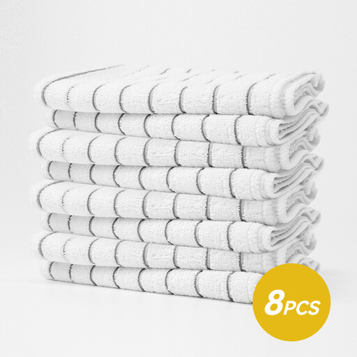 An eight-pack of striped microfibre towels in grey and white