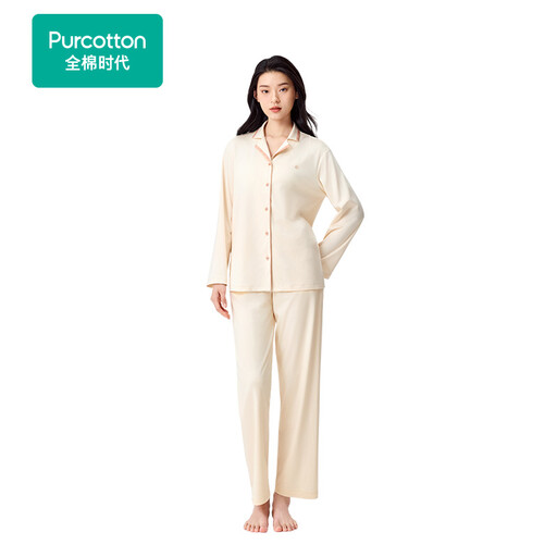 Purcotton 女士光泽棉磨毛家居服套装，月光白色