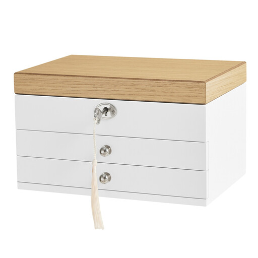 JOYFURNOS Jewellery Box, 3-Tier Jewellery Organiser with Large Mirror, 2 Drawers, Lockable, Gift for Loved Ones, for Rings, Earrings, Bracelets, Necklaces, White and Wood Grain Colour