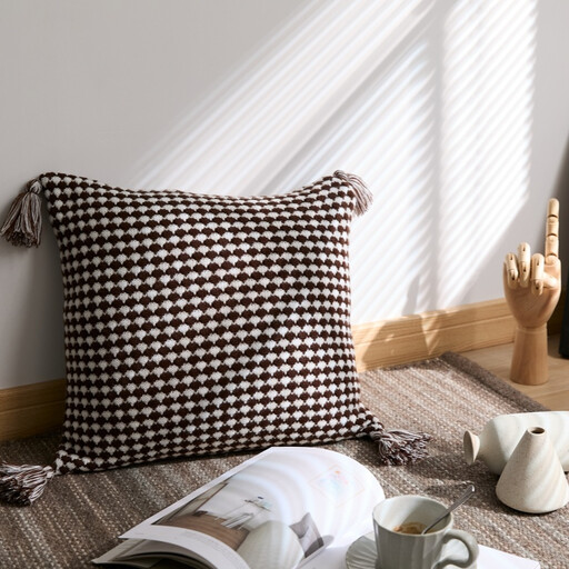 MEROPE, Acrylic Knit/Waffle Cushion Cover, 50x50cm, coffee/white