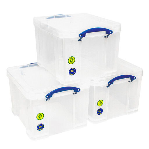 Really Useful Stackable Plastic Storage Box 35L Clear Pack of 3