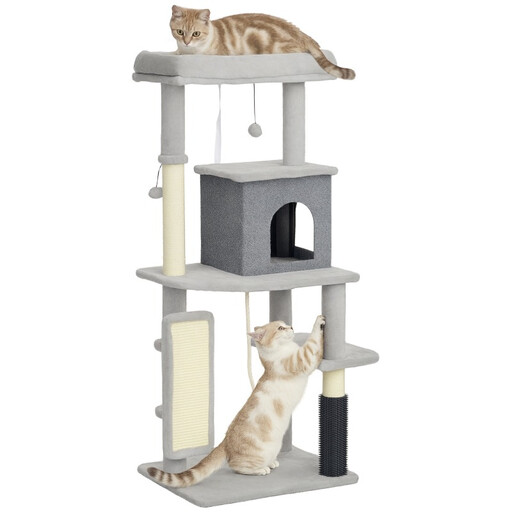 Arbre à chat de 132 cm avec griffoirs en sisal, panier, niche, plateforme de saut, brosse de toilettage et kit anti-basculement