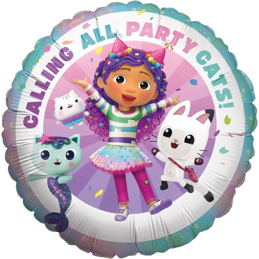 Runder Gabby's Dollhouse Folienballon mit der Aufschrift 'Calling all Party Cats'