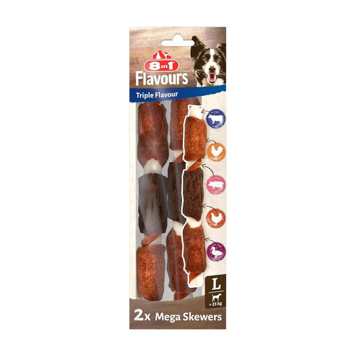 8IN1 Triple Flavour Mega Skewers Large Chew Sticks for Dogs - Chew Snacks with Extra Meat, 160g Bag (2 Pieces)