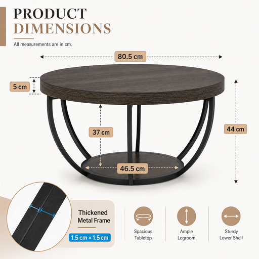 LANTINE Round Coffee Table, 80cm Wooden