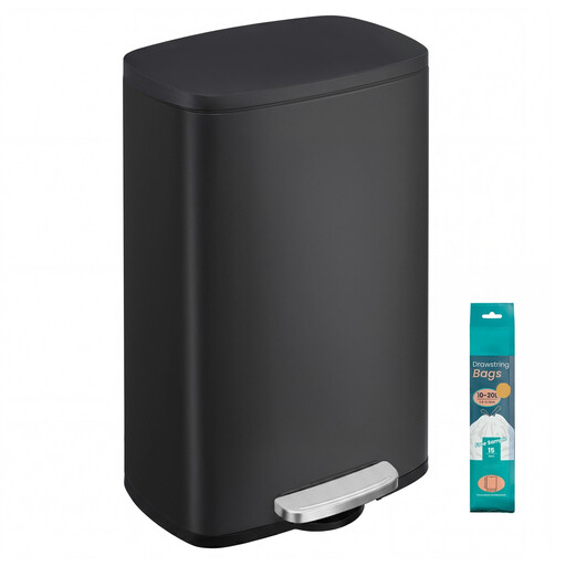 JOYFURNOS 50 L Kitchen Bin, Rubbish Bin, Stainless Steel Trash Bin, Soft Close, Step-On Pedal, Removable Inner Bucket, Black