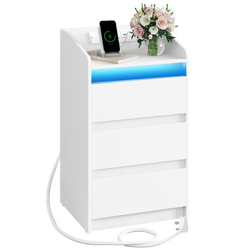 HaluPeit Bedside Table with 3 Drawers and Charging Station White