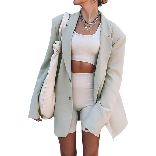 An oversized, double-breasted blazer in a neutral tone