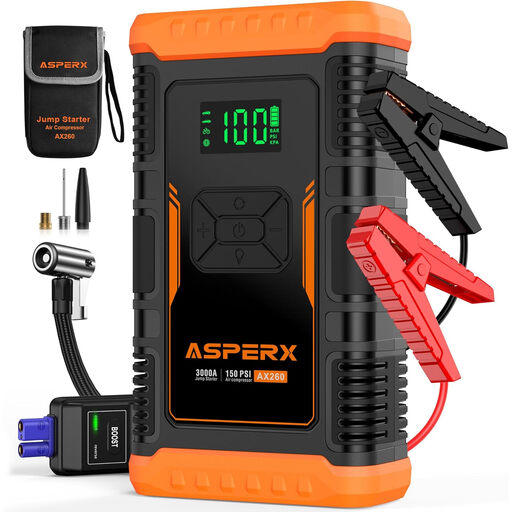 ASPERX Jump Starter with Air Compressor, 150PSI 3000A Car Battery Jump Starter Power Pack with LED Flashlight and Jumper Cables, Portable Jump Starter for 12V Vehicles, Motorcycles & SUVs (Up to 10L Gas or 8L Diesel)