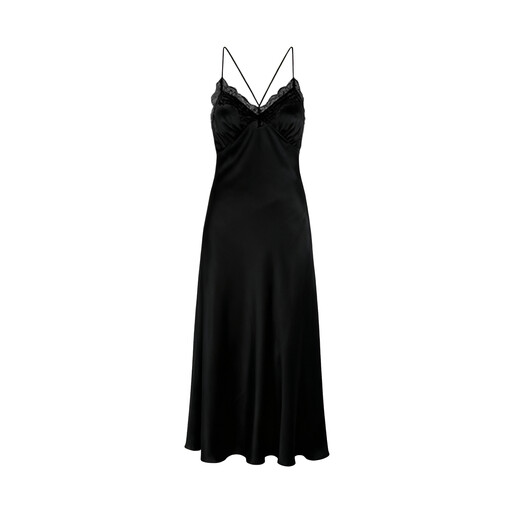narrow lace v-neck black silk-like suspender dress