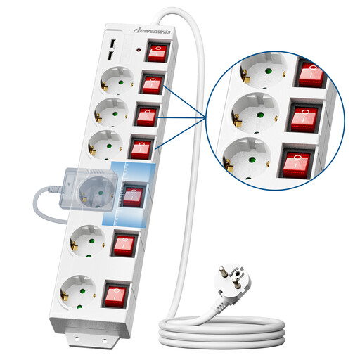 Dewenwils 6-Outlet Power Strip with USB and 2m Cable