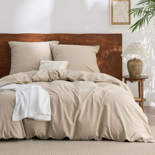 3-teiliges Bettwäsche-Set aus gewaschener Baumwolle in Taupe