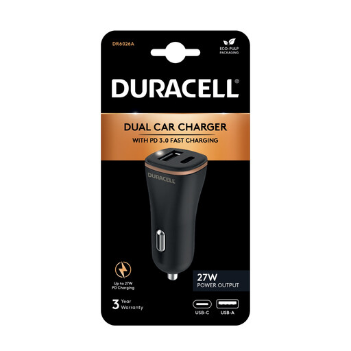 Duracell 27W Dual USB Car Charger with PD 3.0 Fast Charging