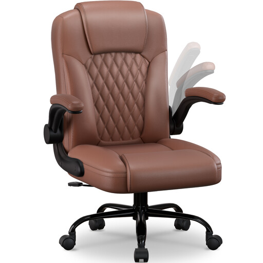 Office Chair Ergonomic, Faux Leather Desk Chair 90° Foldable Armrests, Desk Chair 90-120° Rocking Function, Ergonomic Office Chair with Lumbar Support, Writing Chair Height Adjustable, 150kg Load Capacity