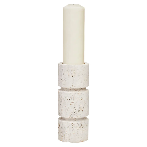 A stacked cylindrical candle holder made from cream-coloured travertine stone
