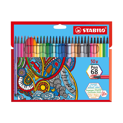 STABILO Pen 68 Premium Fiber-Tip Markers - 30 Pack - 30 Assorted Colours