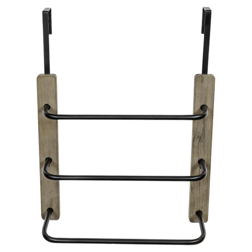 MyGift Modern Over the Door Towel Rack in Vintage Gray Solid Wood and 3 Tier Matte Black Metal Bars