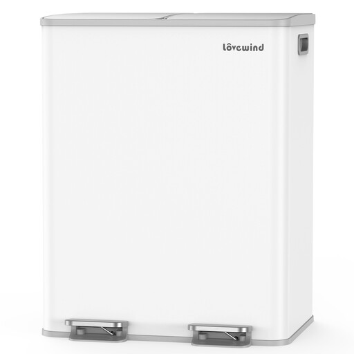 Poubelle de cuisine 60L (2 x 30L) en acier inoxydable, Blanc