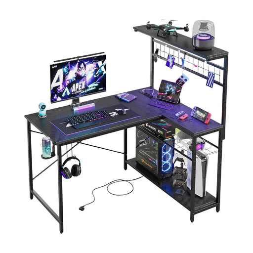 Bestier L-Shaped Desk with Power Outlets & LED Lights