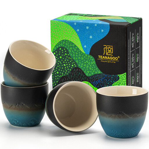 TEANAGOO H23 Japanese Ceramic Gradient Teacups, Navy Blue, 4 Pieces, Handleless, 160 ml