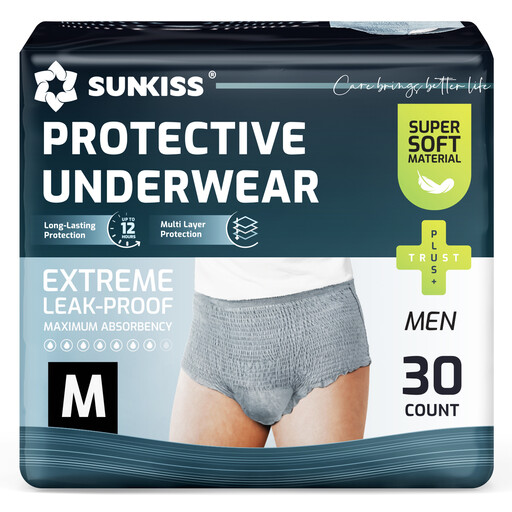 SUNKISS Incontinence Underwear for Men, Daytime Disposable Adult Pull Ups, Men's Protective Briefs with Maximum Absorbency, Medium, Grey, 30 Count