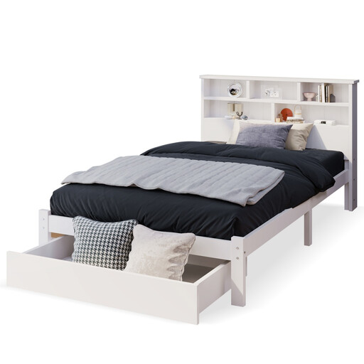 Solid Wood Single Bed with Drawers and Slatted Base, Bookshelf, for Kids, Teens, and Adults, 90x200cm, White