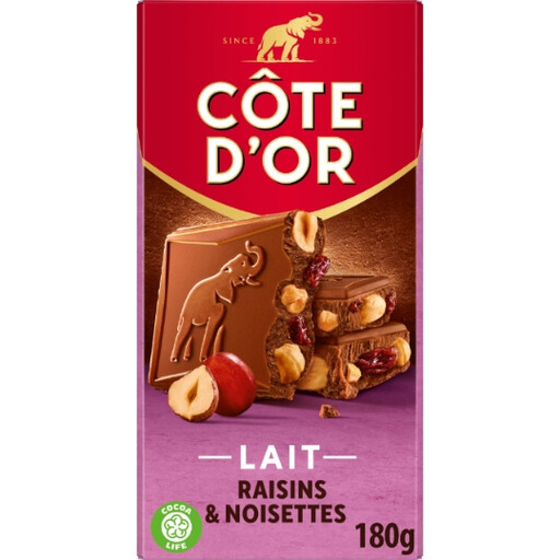 180 g Côte d’Or milk chocolate bar with raisins and hazelnuts