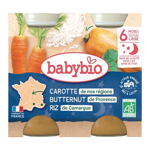 BABYBIO Organic, carrot, butternut squash and rice meal from 6 months, 2 × 200 g