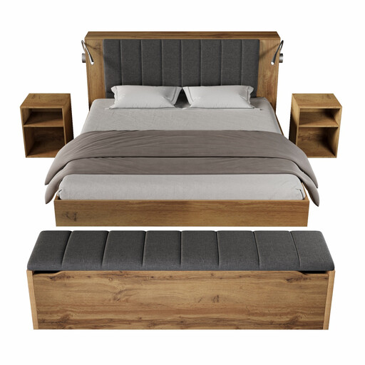 Double Bed 160 x 200 cm Wooden Bed with Foldable Headboard and Storage Set