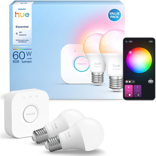 Philips Hue Starter Kit, White & Colour Lighting, 1 Bridge, 2 A60 Bulbs