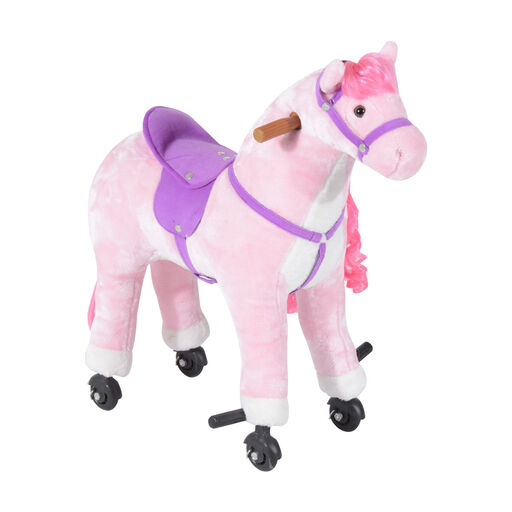 HOMCOM 330-016PK Plush Walking Horse Ride On Toy with Wheels and Realistic Sounds