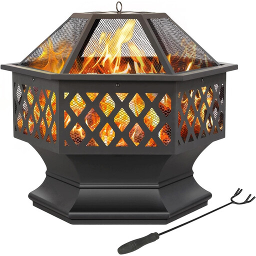Yaheetech 24in Heavy Duty Fire Pit with Mesh Poker Sides Cover