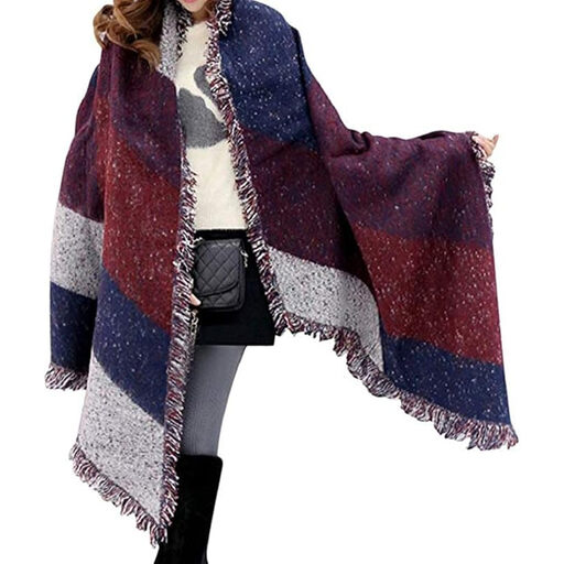 Miss Lulu Women's Long Soft Warm Checked Wool Tassel Large Winter Shawl, Red