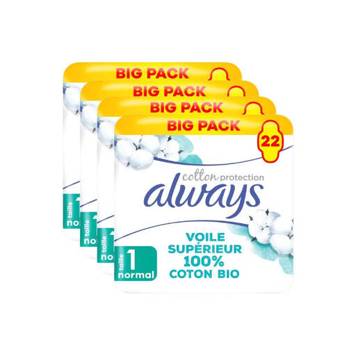 Always Cotton Protection 卫生巾 1 号普通流量 - 88 片装 (4 包 x 22 片)