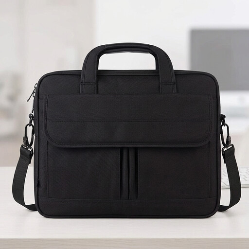 A black, professional laptop messenger bag with a shoulder strap