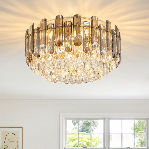 Gold Slanted-Cut Crystal Flush Mount Ceiling Light, E14 Single-Tier Chandelier for Bedroom Dining Room Hallway Decor 50cm