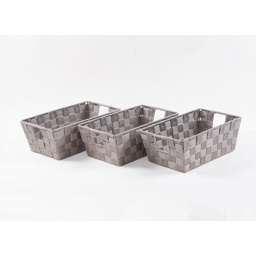 A set of three small, rectangular woven storage baskets in a neutral mink colour.