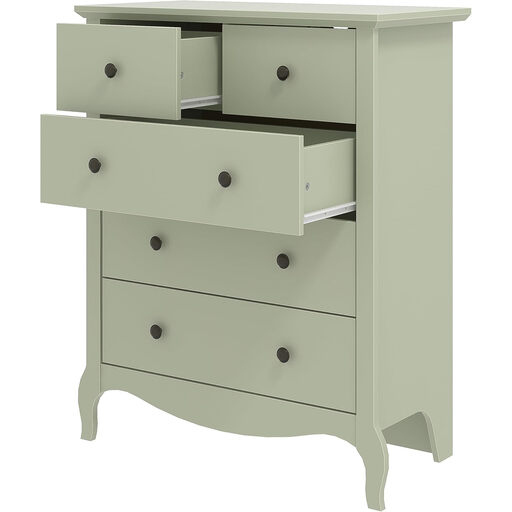 A modern five-drawer chest in a soft sage green colour, featuring a sleek, handle-less design.