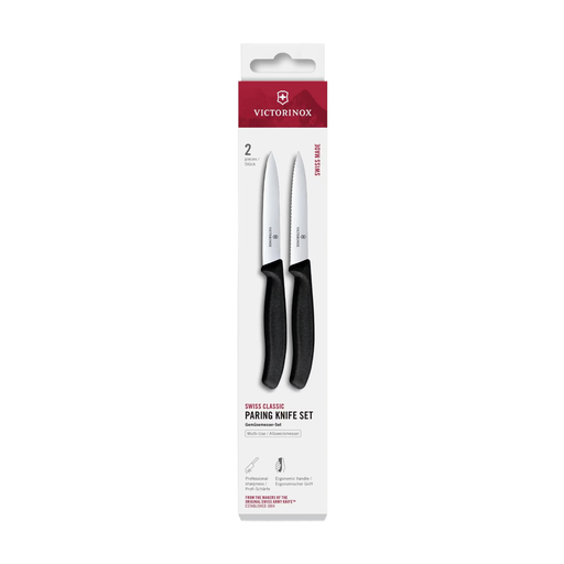 Victorinox Swiss Classic Vegetable Knife Set, 2-Piece, 10cm, Straight/Wave, Black, Box