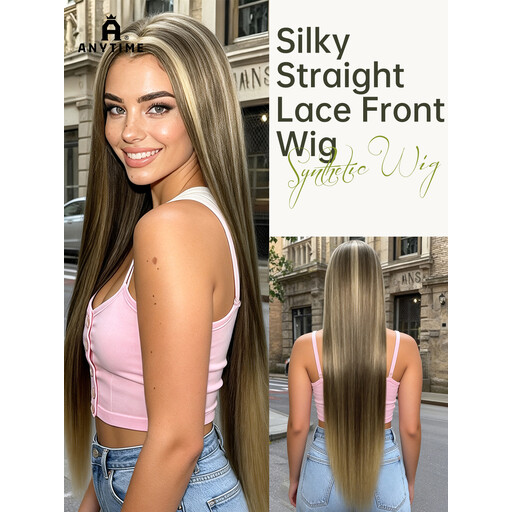 ANYTIME Long Straight Synthetic Wig lace front platinum blonde balayage