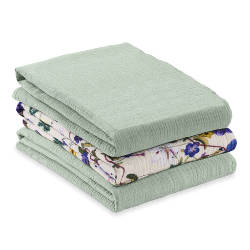 hauck Muslin Cloths / Burp Cloths / Swaddle Blankets Cuddle N Clean - Set of 3 80x80cm - Sage / Beige / Floral