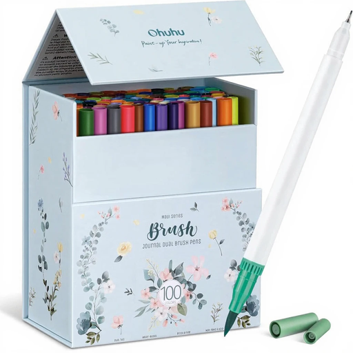 A white case containing 100 dual-tip art markers in a rainbow of colours