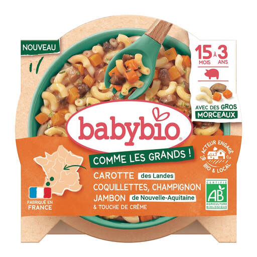 BABYBIO Assorted Coquillette with Mushroom, Ham & Carrots, 15M Bio, 200g