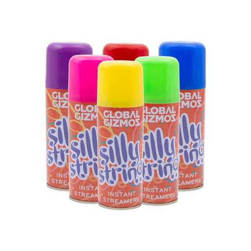 A can of Global Gizmos Party Silly String in blue packaging