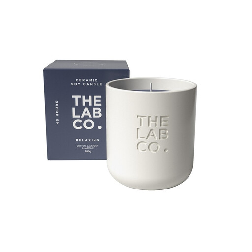 The Lab Co. Relaxing Luxury Scented Candle in a grey ceramic jar