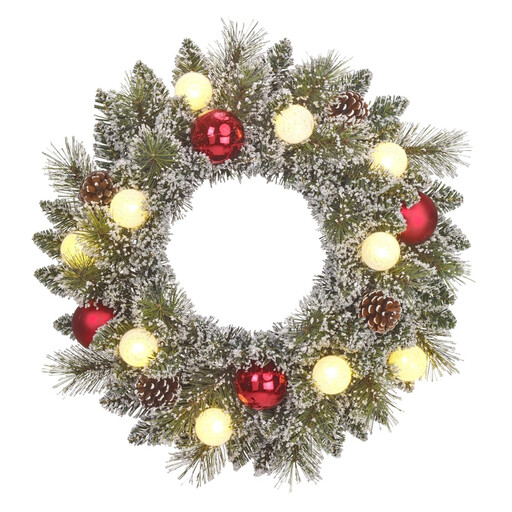 Kaprun Wreath, Green Frosted, Red, 100 LED Tips, 88 LEDs, Battery-Powered with Timer, 10 cm High x 45 cm Diameter