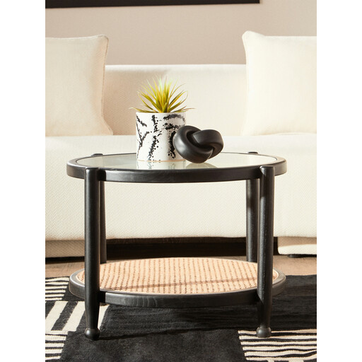 Interiors by Premier Coffee Table Round Cebu Elm Wood & Rattan Black/Natural