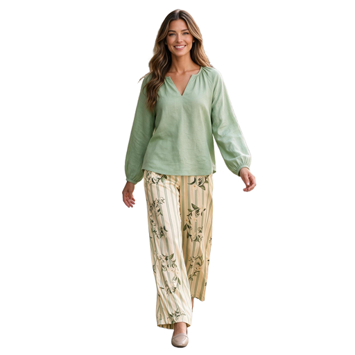 Women's 2-Piece Loungewear Set, Long-Sleeved Top & Elasticated-Waist Trousers with Pockets, Soft Cotton Blend, Casual Loungewear, Green, Size XL