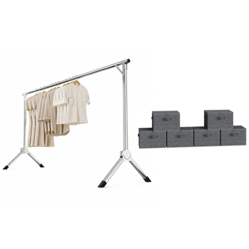 [Wardrobe Organization Set] SNSP Floor standing Clothes Hanger Single Pole Stainless Steel Folding Rack 1.2-1.6 meters 1 Rod + Ochama Foldable Storage Boxes Set of 6, 30L Large Capacity per Box, 40x30x25cm Compact Size