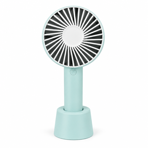 A blue, lightweight handheld fan with a stand